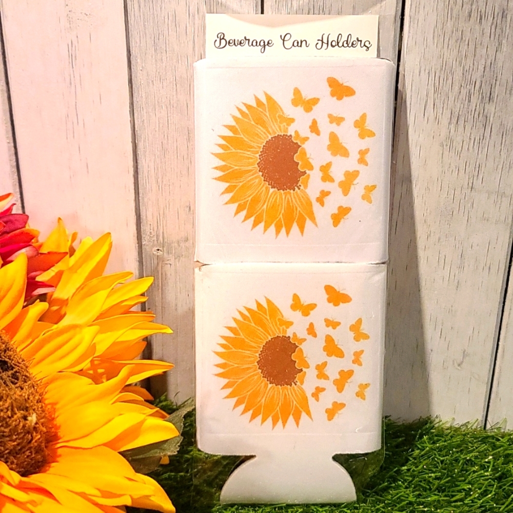 SUNFLOWER Butterflies theme Beverage holder 2 for can water bottle beer NWT